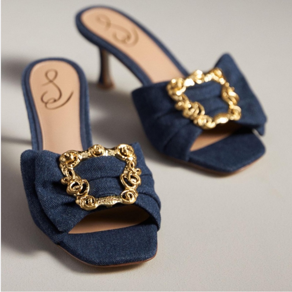 Sam Edelman Navy Blue Gold Buckle Kitten Heel Mules